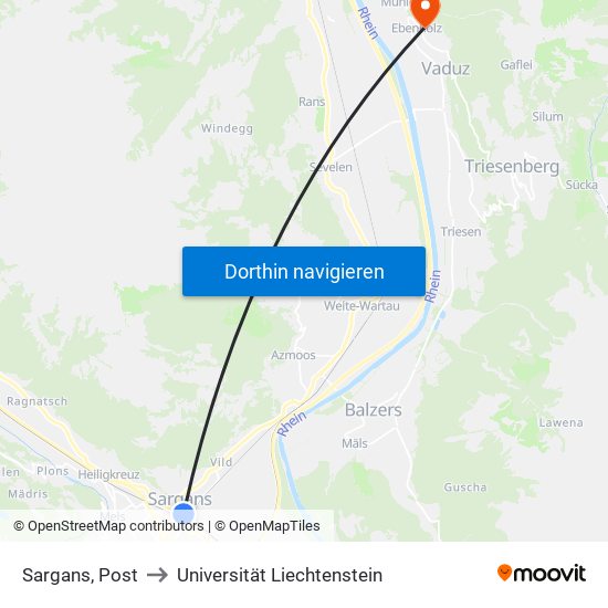 Sargans, Post to Universität Liechtenstein map