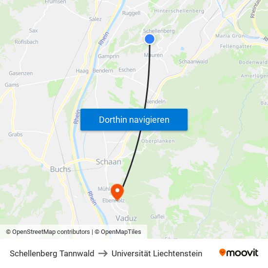 Schellenberg Tannwald to Universität Liechtenstein map