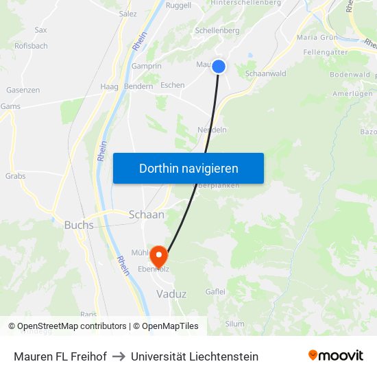 Mauren FL Freihof to Universität Liechtenstein map