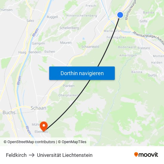 Feldkirch to Universität Liechtenstein map