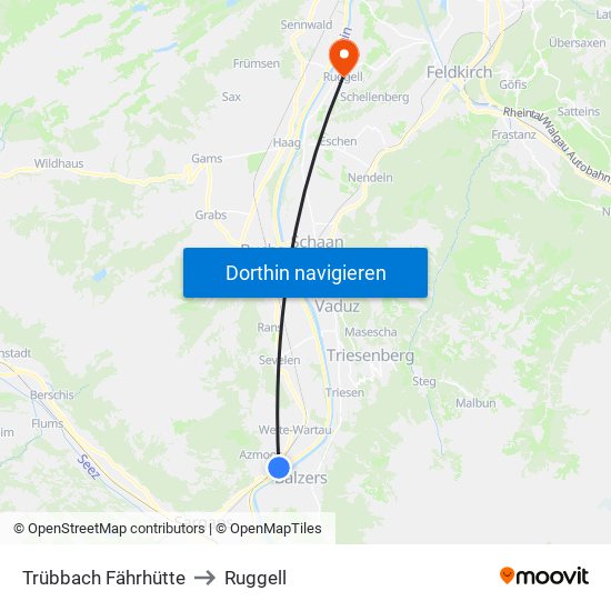 Trübbach Fährhütte to Ruggell map