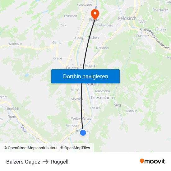 Balzers Gagoz to Ruggell map
