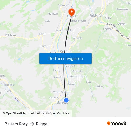 Balzers Roxy to Ruggell map
