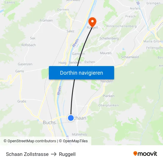 Schaan Zollstrasse to Ruggell map