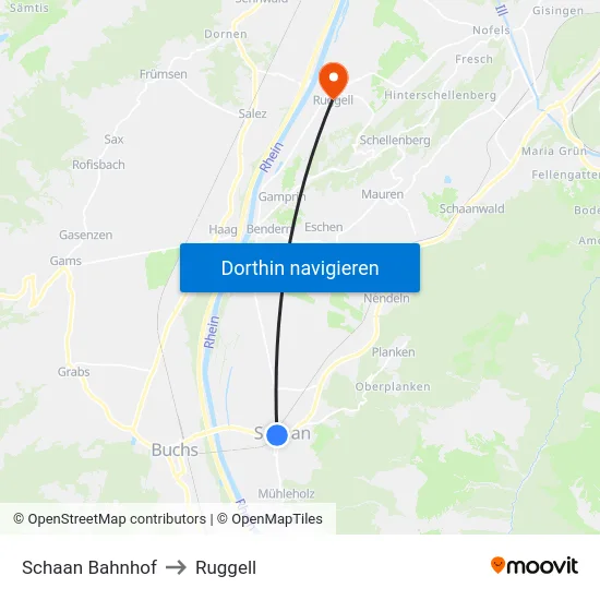 Schaan Bahnhof to Ruggell map