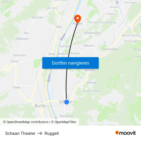 Schaan Theater to Ruggell map