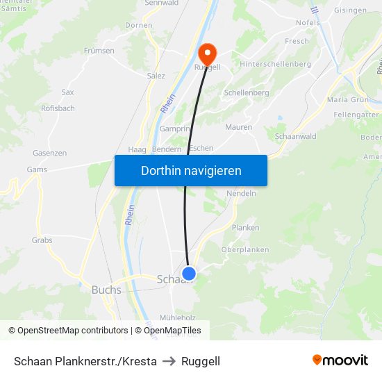 Schaan Planknerstr./Kresta to Ruggell map