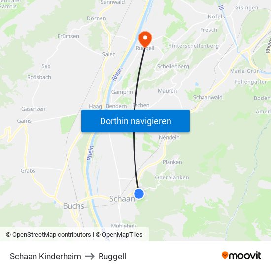 Schaan Kinderheim to Ruggell map