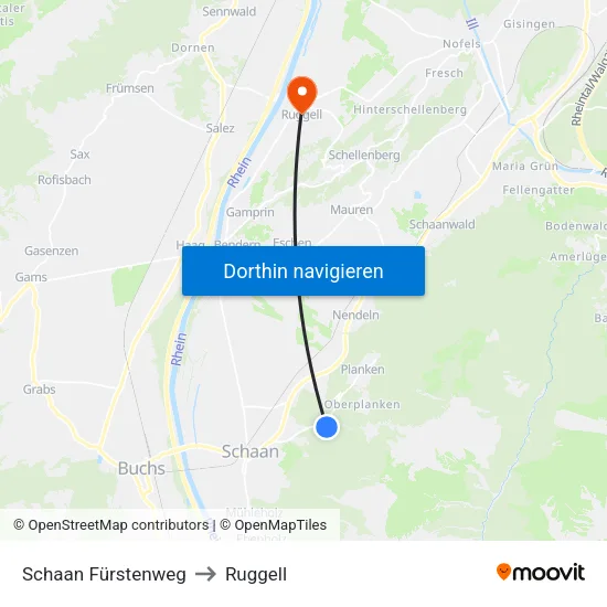 Schaan Fürstenweg to Ruggell map