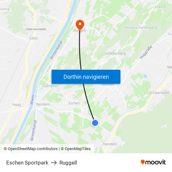 Eschen Sportpark to Ruggell map