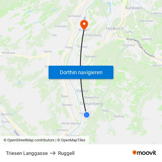 Triesen Langgasse to Ruggell map