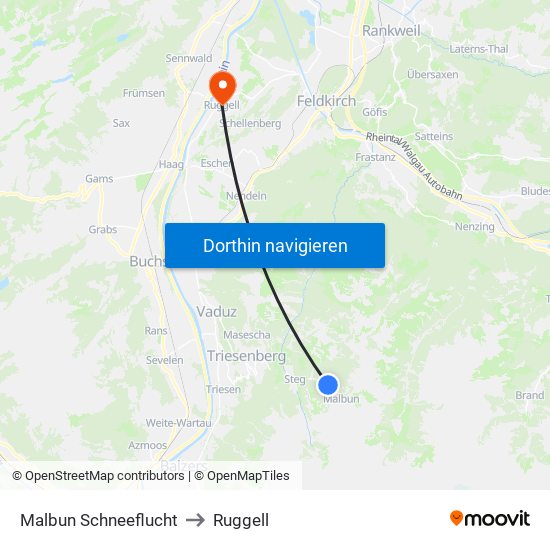 Malbun Schneeflucht to Ruggell map