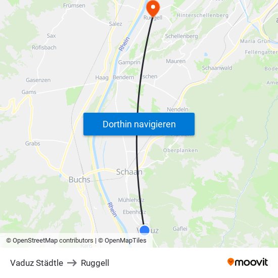 Vaduz Städtle to Ruggell map