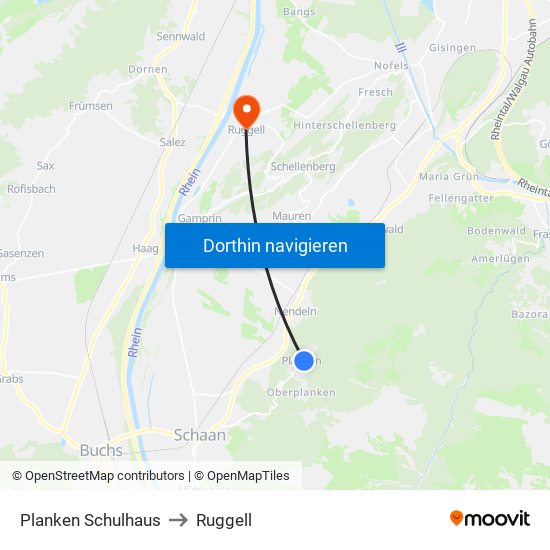 Planken Schulhaus to Ruggell map