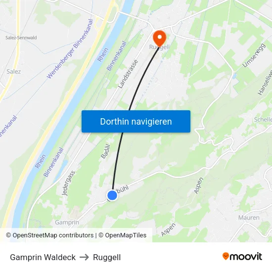 Gamprin Waldeck to Ruggell map