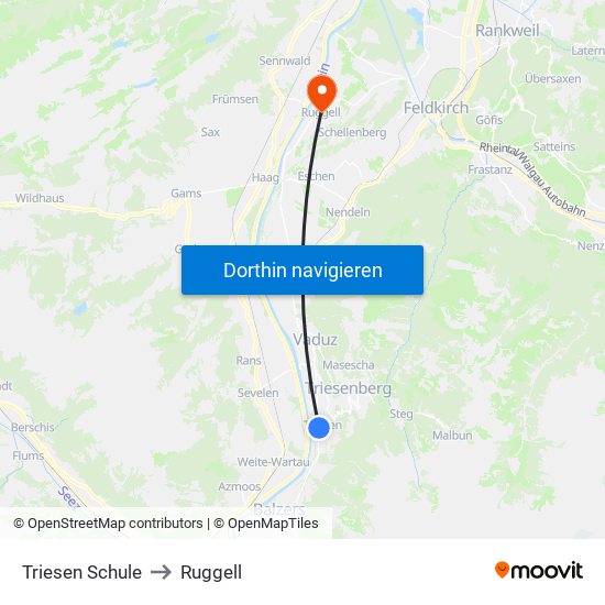 Triesen Schule to Ruggell map