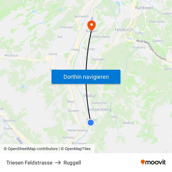 Triesen Feldstrasse to Ruggell map