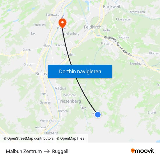 Malbun Zentrum to Ruggell map
