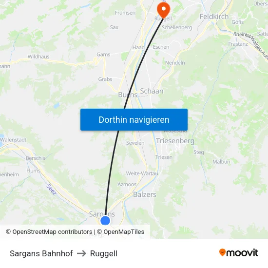 Sargans Bahnhof to Ruggell map