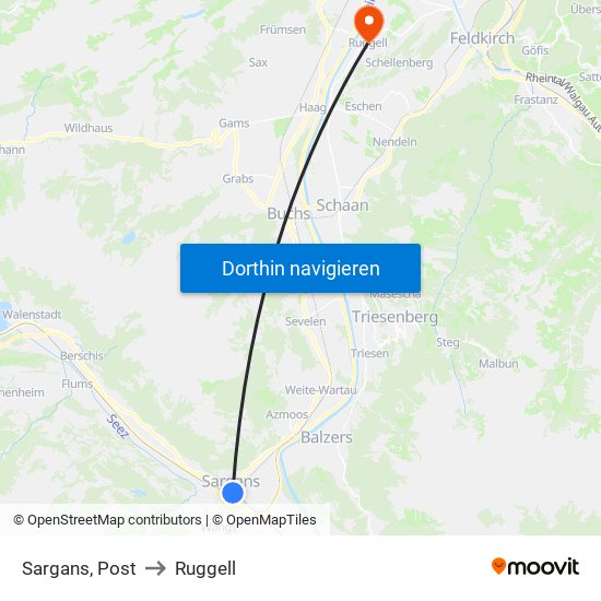 Sargans, Post to Ruggell map