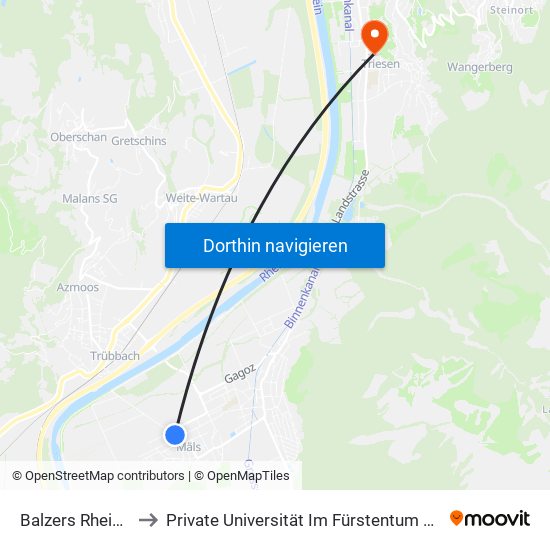 Balzers Rheinstrasse to Private Universität Im Fürstentum Liechtenstein (Ufl) map