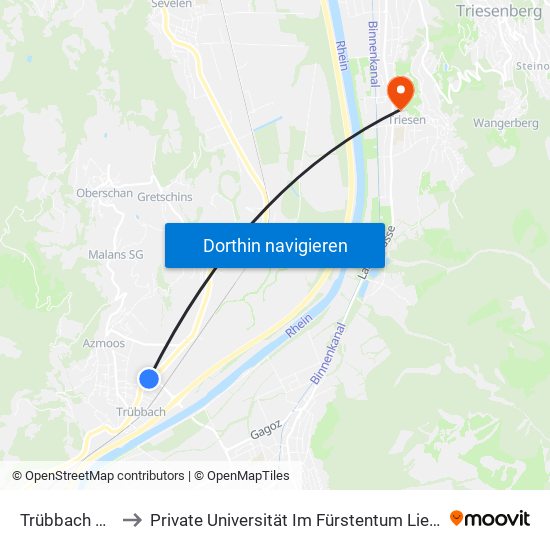 Trübbach Dornau to Private Universität Im Fürstentum Liechtenstein (Ufl) map