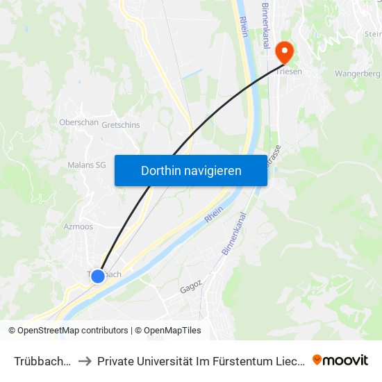 Trübbach Post to Private Universität Im Fürstentum Liechtenstein (Ufl) map