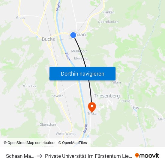 Schaan Malarsch to Private Universität Im Fürstentum Liechtenstein (Ufl) map