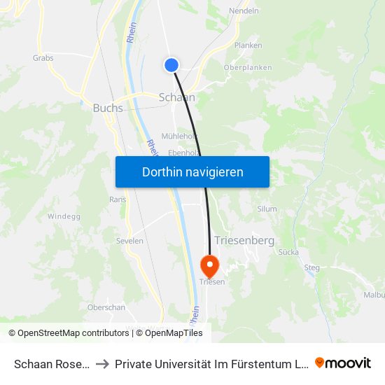 Schaan Rosengarten to Private Universität Im Fürstentum Liechtenstein (Ufl) map