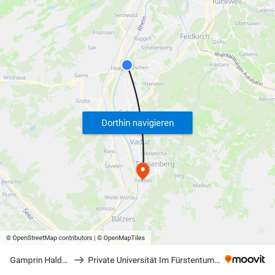 Gamprin Haldenstrasse to Private Universität Im Fürstentum Liechtenstein (Ufl) map