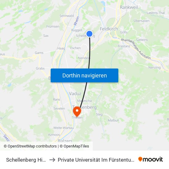 Schellenberg Hinterschloss to Private Universität Im Fürstentum Liechtenstein (Ufl) map