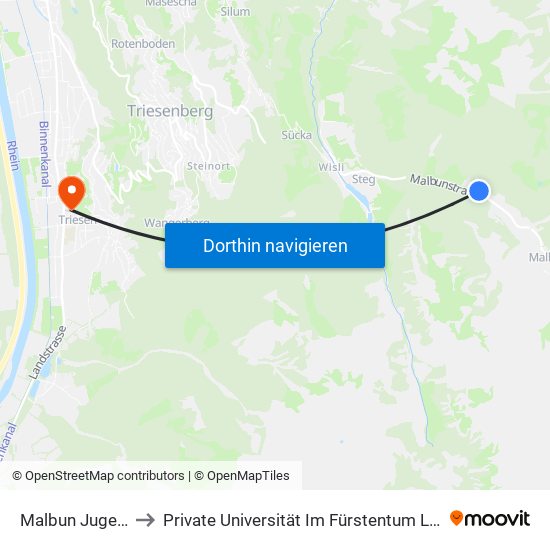 Malbun Jugendheim to Private Universität Im Fürstentum Liechtenstein (Ufl) map