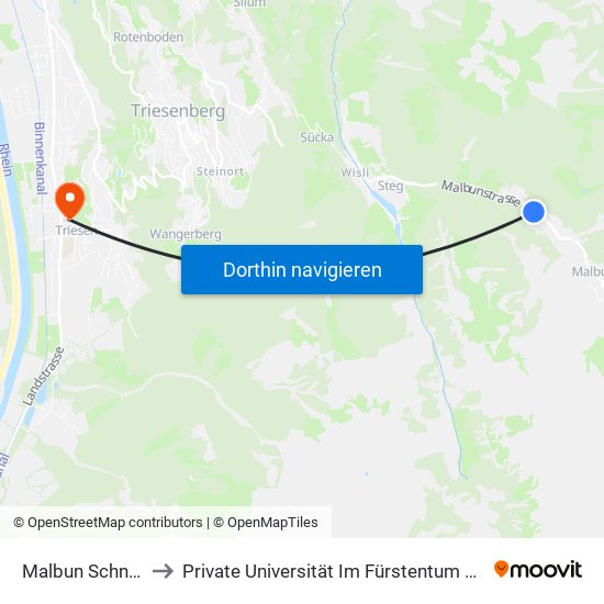 Malbun Schneeflucht to Private Universität Im Fürstentum Liechtenstein (Ufl) map