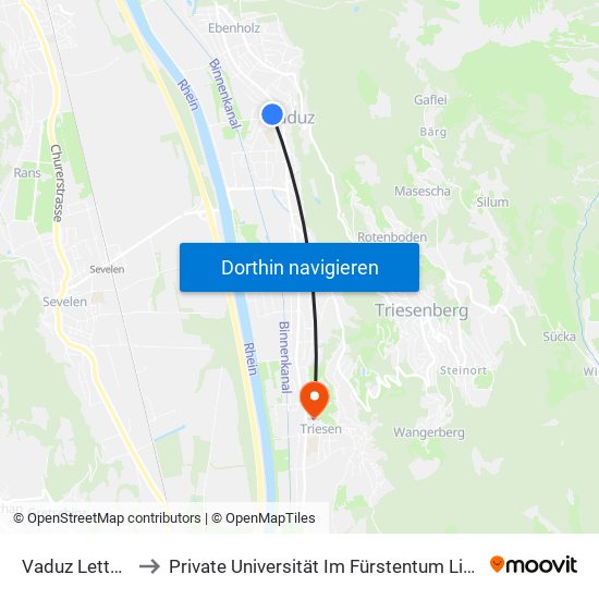 Vaduz Lettstrasse to Private Universität Im Fürstentum Liechtenstein (Ufl) map