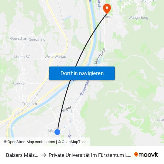 Balzers Mälsnerdorf to Private Universität Im Fürstentum Liechtenstein (Ufl) map