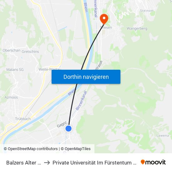 Balzers Alter Pfarrhof to Private Universität Im Fürstentum Liechtenstein (Ufl) map