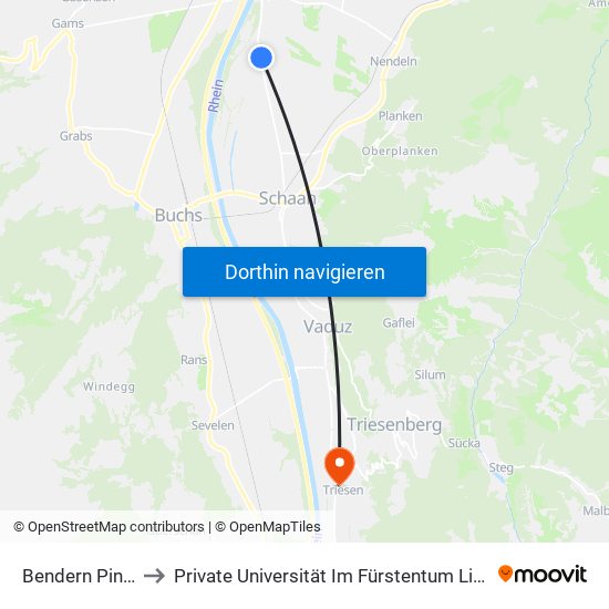 Bendern Pinocchio to Private Universität Im Fürstentum Liechtenstein (Ufl) map