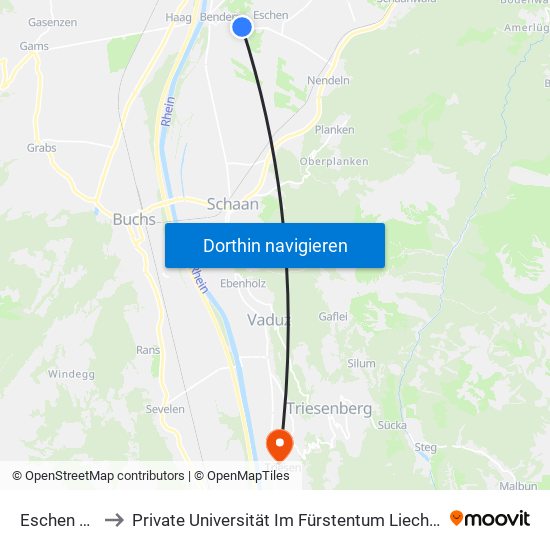 Eschen Brühl to Private Universität Im Fürstentum Liechtenstein (Ufl) map