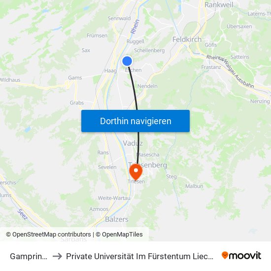 Gamprin Bühl to Private Universität Im Fürstentum Liechtenstein (Ufl) map