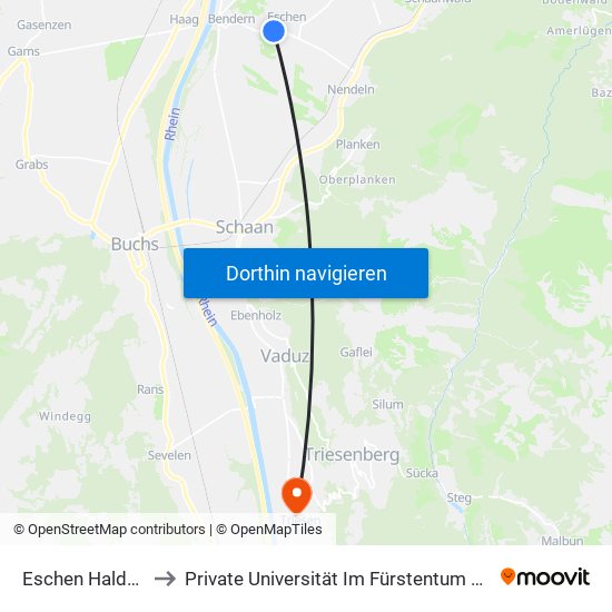 Eschen Haldengasse to Private Universität Im Fürstentum Liechtenstein (Ufl) map