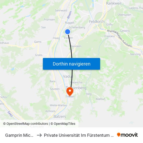 Gamprin Michel-Oehri to Private Universität Im Fürstentum Liechtenstein (Ufl) map
