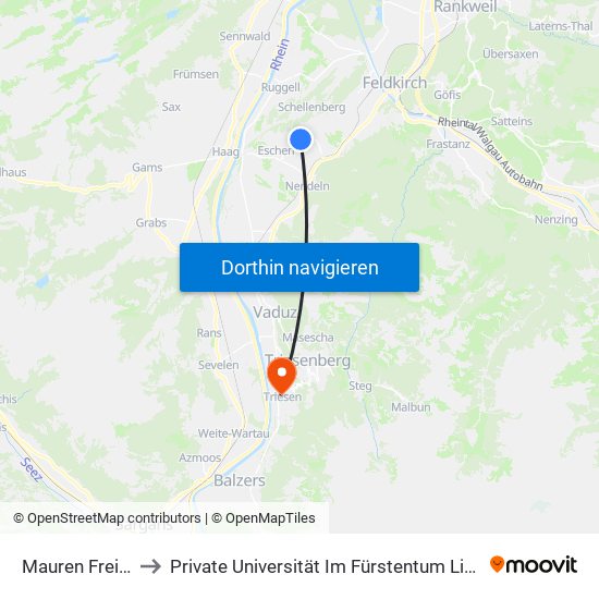 Mauren Freiendorf to Private Universität Im Fürstentum Liechtenstein (Ufl) map