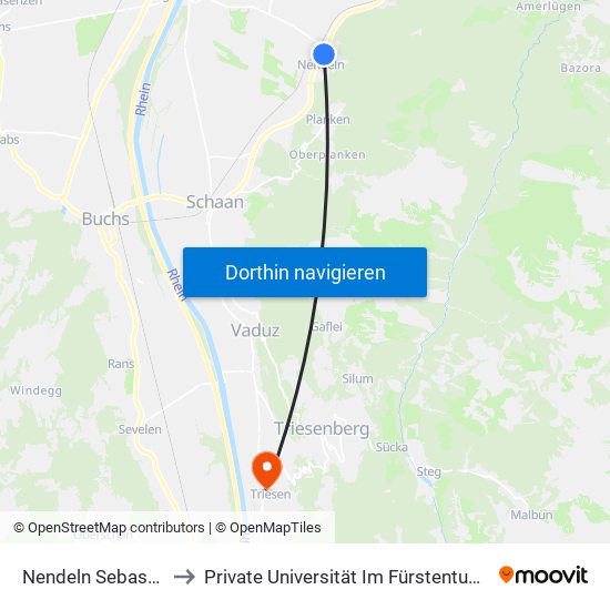 Nendeln Sebastianstrasse to Private Universität Im Fürstentum Liechtenstein (Ufl) map