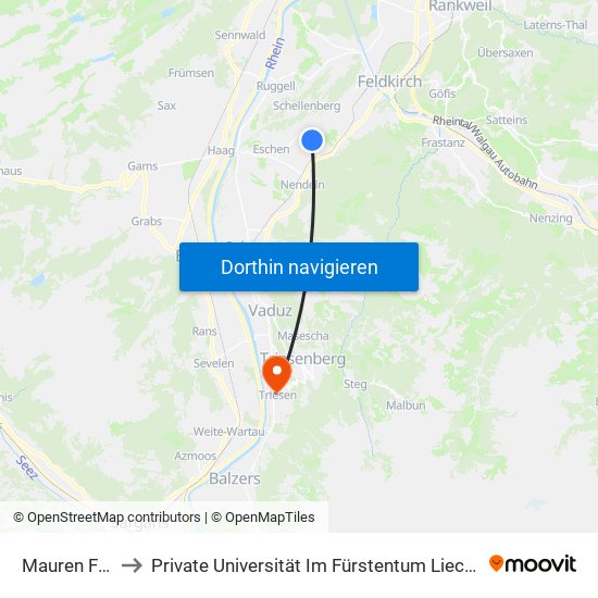 Mauren FL Ziel to Private Universität Im Fürstentum Liechtenstein (Ufl) map