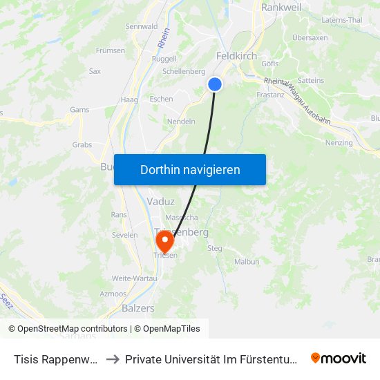 Tisis Rappenwaldstrasse to Private Universität Im Fürstentum Liechtenstein (Ufl) map
