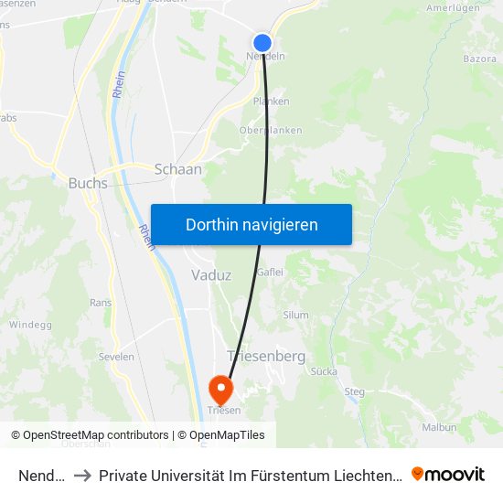 Nendeln to Private Universität Im Fürstentum Liechtenstein (Ufl) map