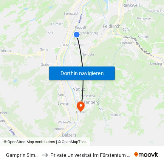 Gamprin Simmasguet to Private Universität Im Fürstentum Liechtenstein (Ufl) map