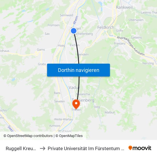 Ruggell Kreuzstrasse to Private Universität Im Fürstentum Liechtenstein (Ufl) map