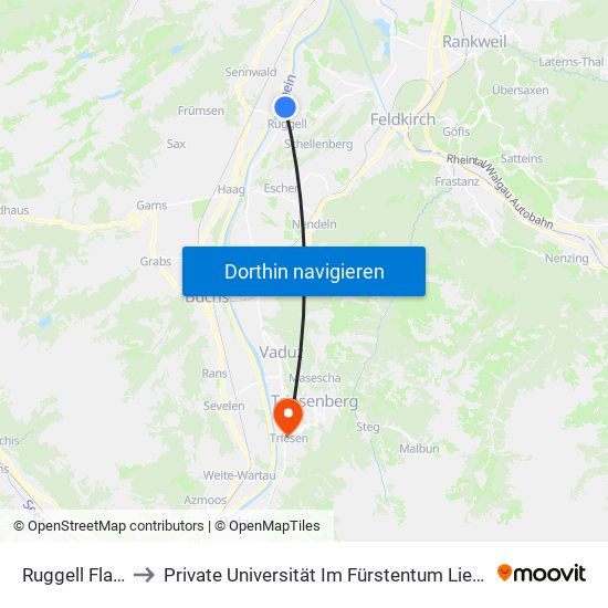 Ruggell Flandera to Private Universität Im Fürstentum Liechtenstein (Ufl) map