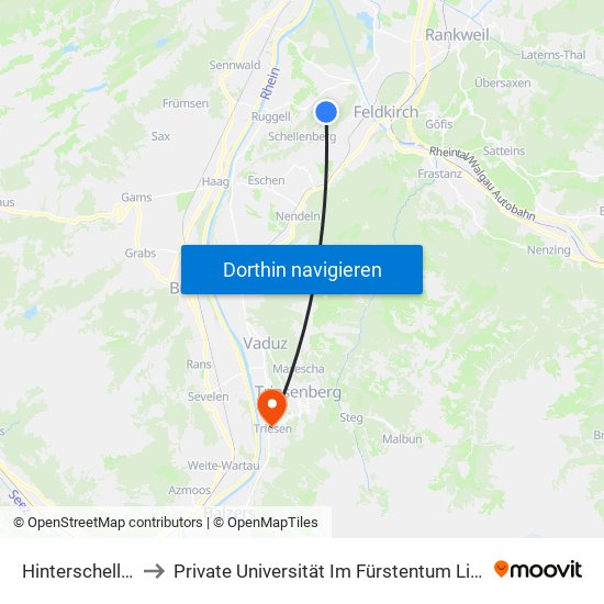 Hinterschellenberg to Private Universität Im Fürstentum Liechtenstein (Ufl) map